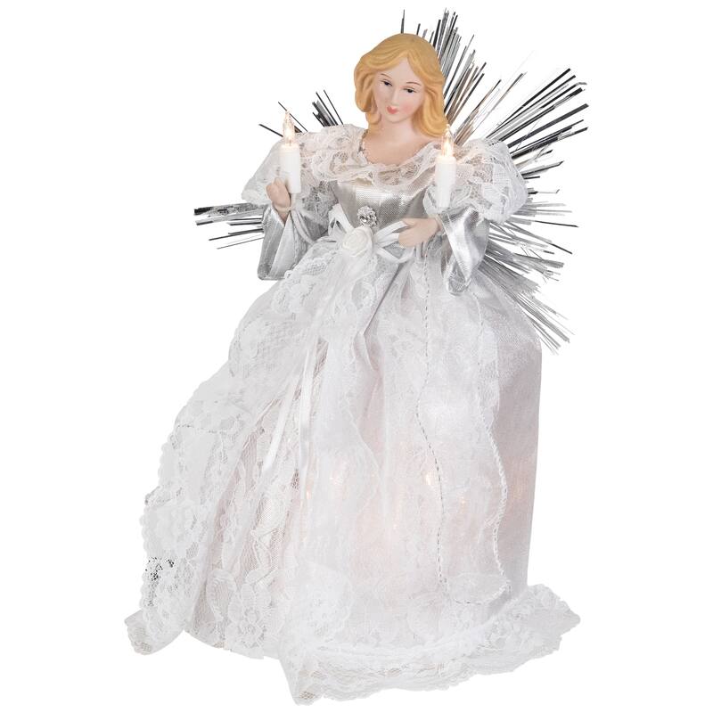 Lighted Angel with Candle Christmas Tree Topper - 10.5" - Silver - Clear Lights