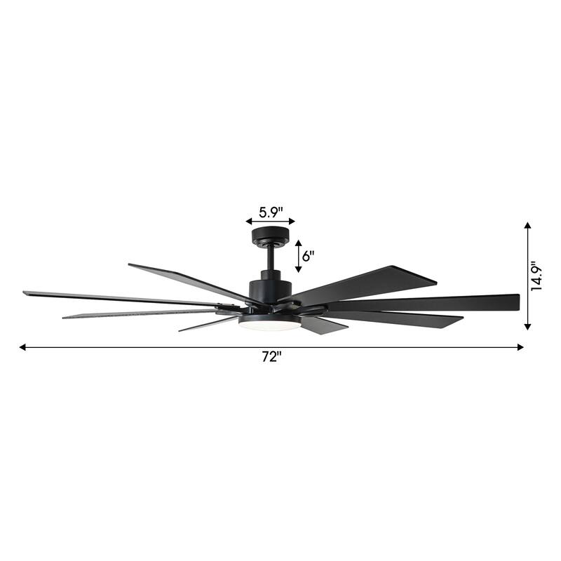 72" Modern Black Large Ceiling Fan with Light, Remote and Bluetooth Control
