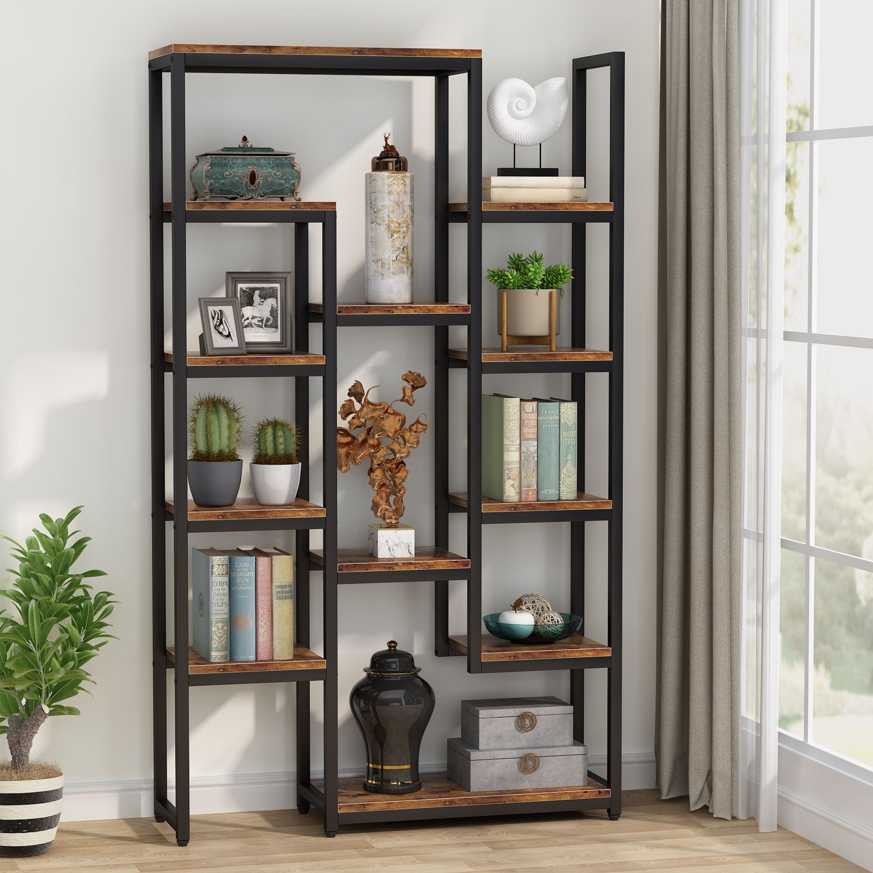 Devo Bookshelf, Industrial Book Shelf Large Storage Shelves, Display Shelf  Tall Bookcase Metal Bookshelves, 6 Tier Bookcases Wood Heavy Duty Shelving