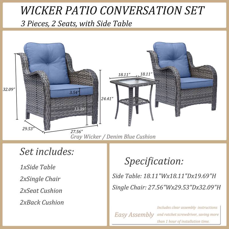 3 Piece High Back Wicker Rattan Outdoor Patio Furniture Chairs Set