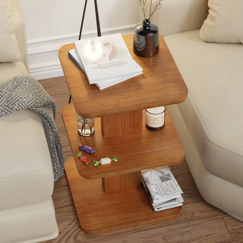 COZAYH Modern Minimalist Wooden End Table Featuring 3 Open Shelves, Farmhouse Plant Stand, Compact Bookshelf for Living Room