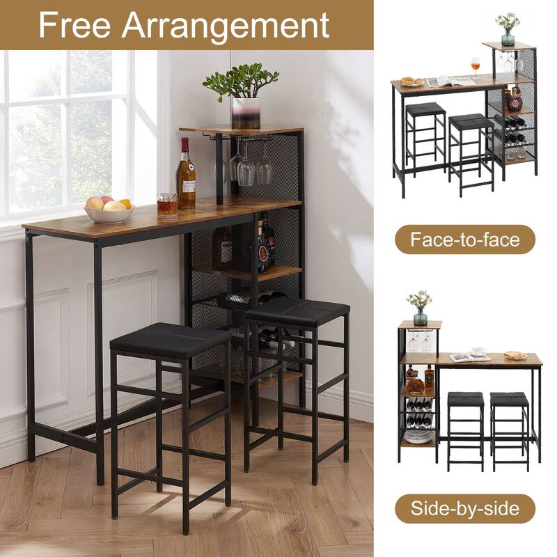Javlergo 3-Piece Bar Table Set with 2 PU Leather Wine Rack Wine Glass Holder Compact Design for Small Spaces