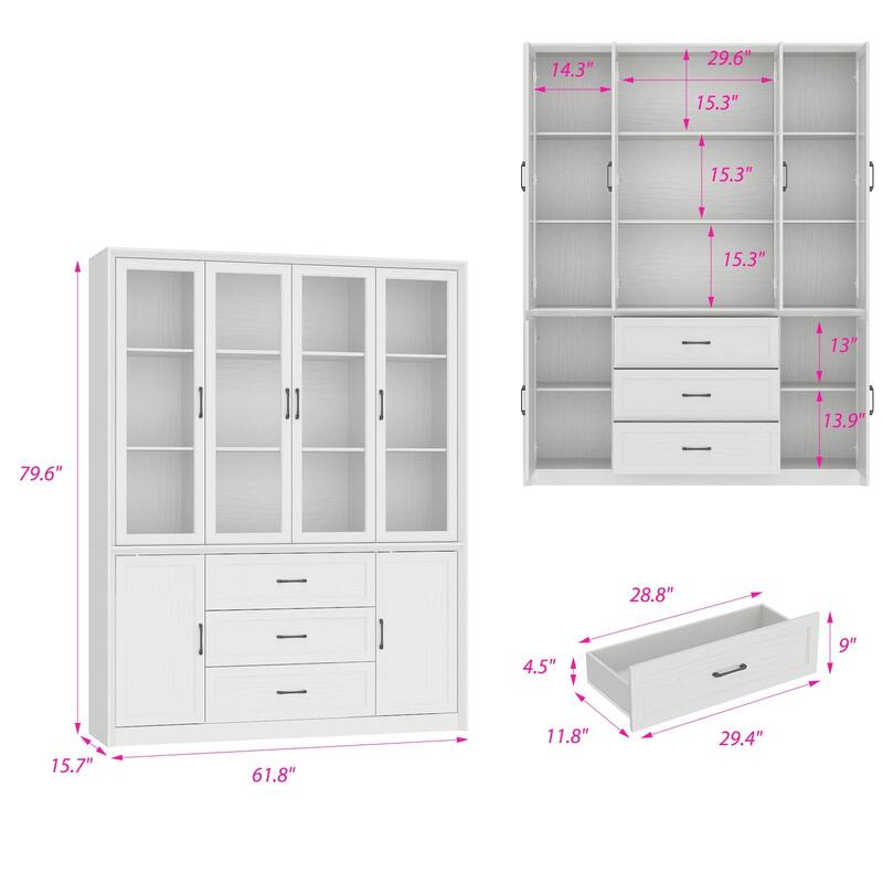 79.6" Tall Glass Display Cabinet, 6-Tier Bookshelf with Drawers Bookcae Panrty