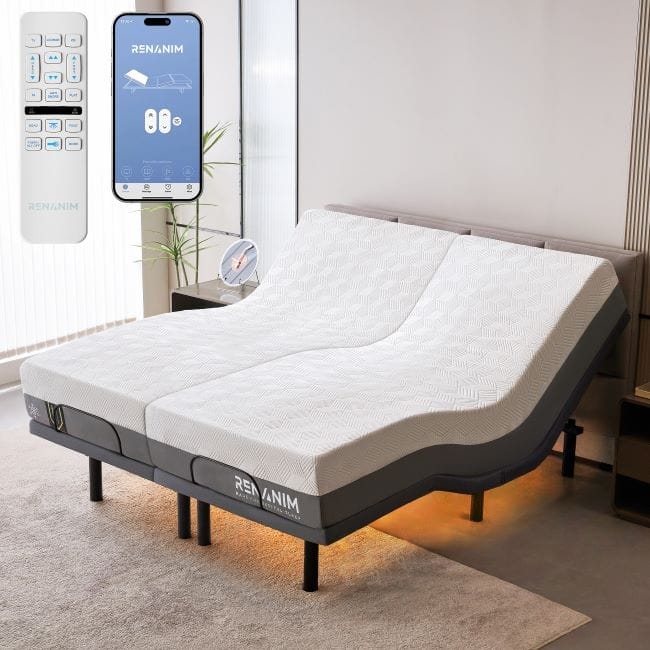 Renanim Adjustable Bed Frame with 14-inch Hybrid Mattress, Dual Massage, USB Ports, App Control, Underbed Light, Remote - Split King