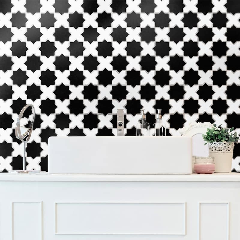 Merola Tile Metro 2" Star Matte Black with Matte White Cross 11-7/8" x 11-7/8" Porcelain Floor and Wall Tile - Case (10 Tiles)