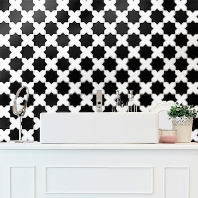Merola Tile Metro 2" Star Matte Black with Matte White Cross 11-7/8" x 11-7/8" Porcelain Floor and Wall Tile