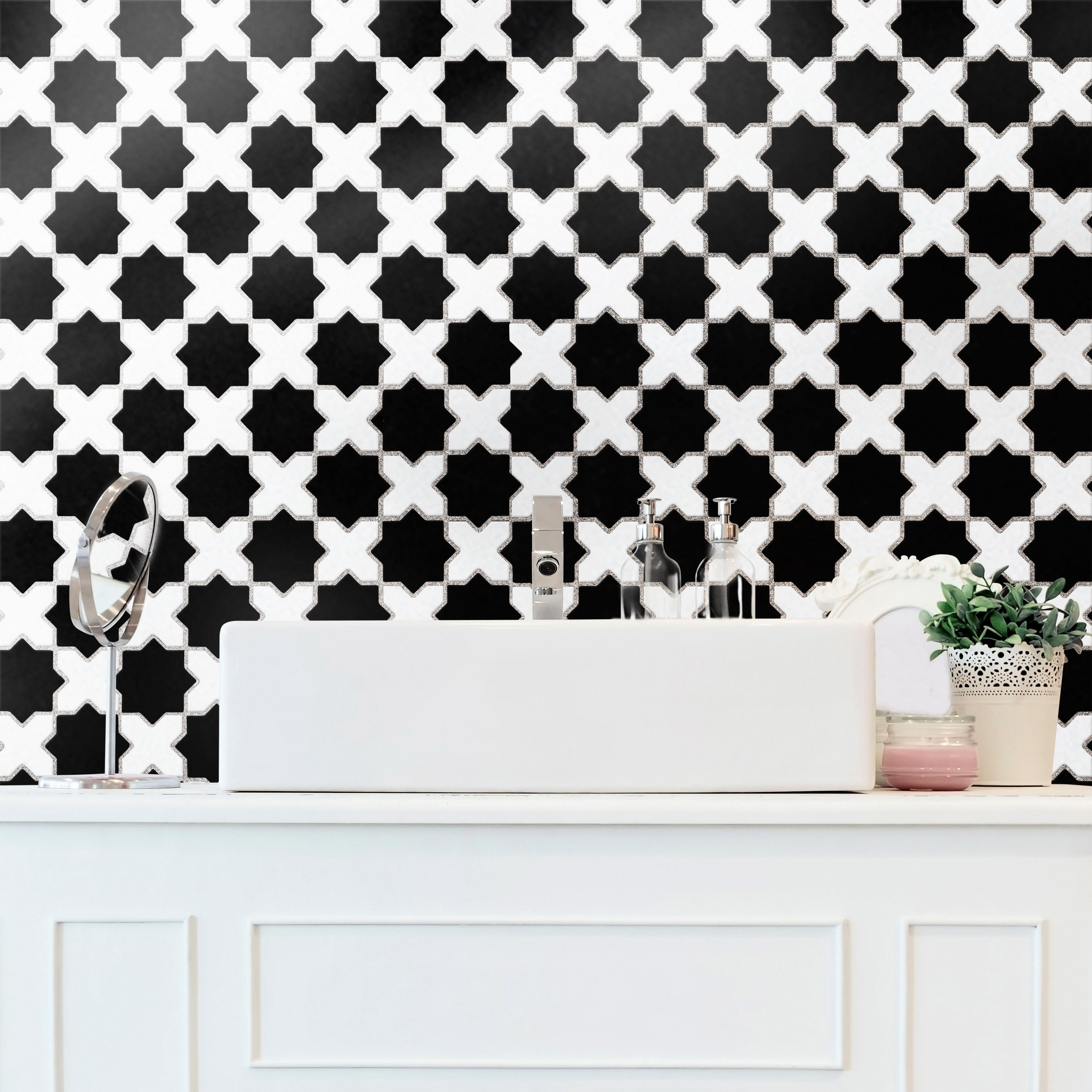 Merola Tile Metro 2" Star Matte Black with Matte White Cross 11-7/8" x 11-7/8" Porcelain Mosaic Floor and Wall Tile