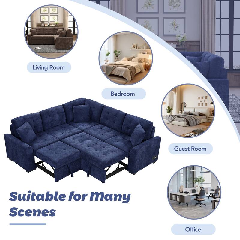 82.6" L-shape Sofa Bed Pull-out Sleeper Sofa with Wheels, USB Ports, Power Sockets for Living Room, Brown