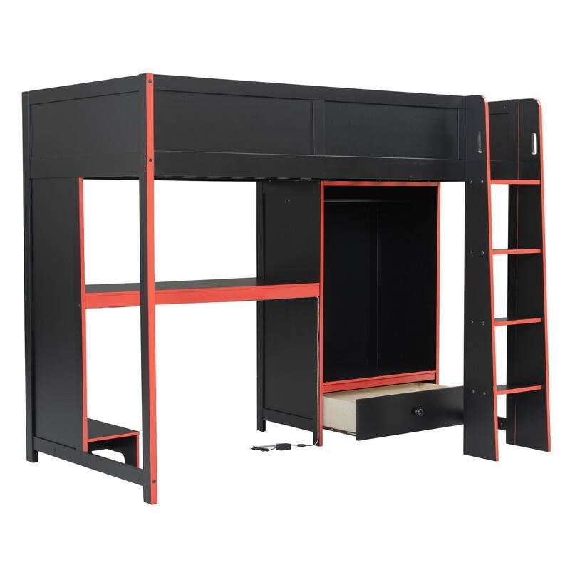 Solid Wood Gaming Loft Bed with Bulit-in Desk and Wardrobe, Twin/Full Size Loft Bedframe with LED Light and 1 Storage Drawer
