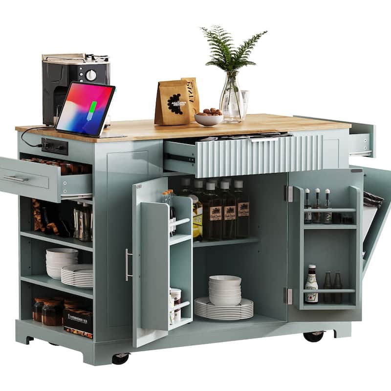 Fluted Kitchen Island with Trash Can Storage Cabinet, Kitchen Cart with Power Outlet Rolling Kitchen Islands on 5 Wheels