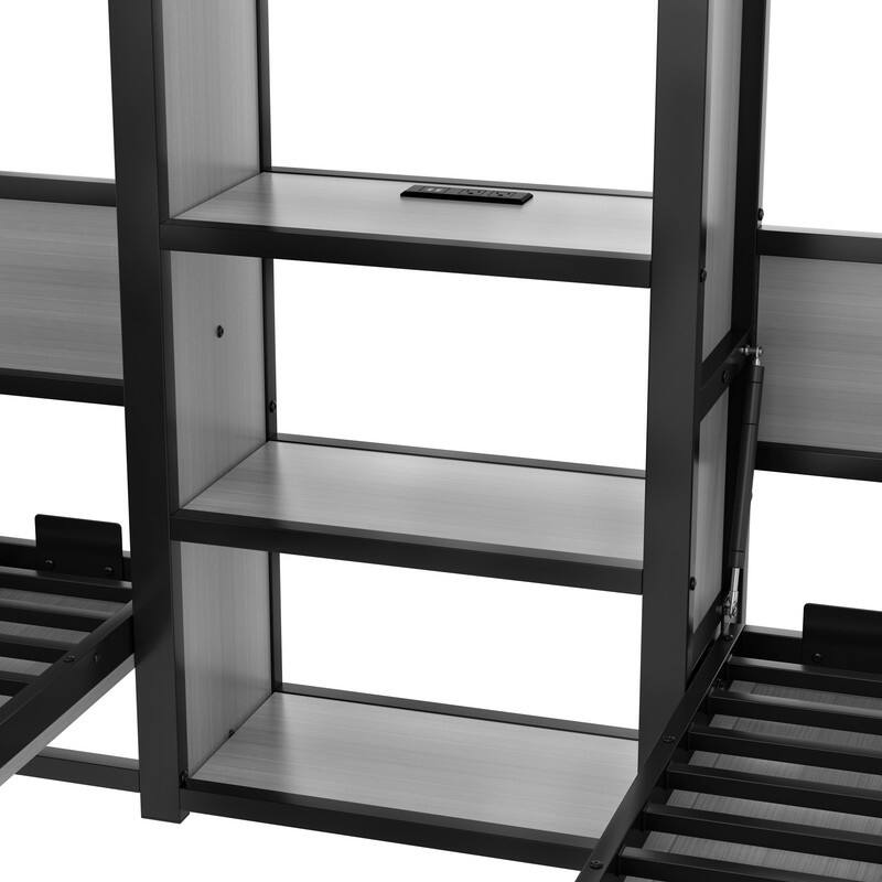2-in-1 Design Twin & Twin Murphy Bed, Metal Folding Bed Frame Set with Clothes Hanging Rods, Shelves & Charging Station