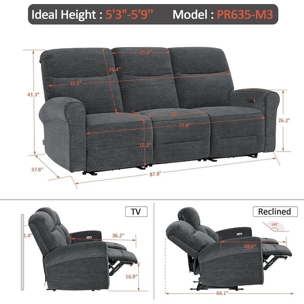 dimension image slide 4 of 16, MCombo 64.6" Wall Hugger Power Loveseat Fabric Recliner Sofa with USB Ports