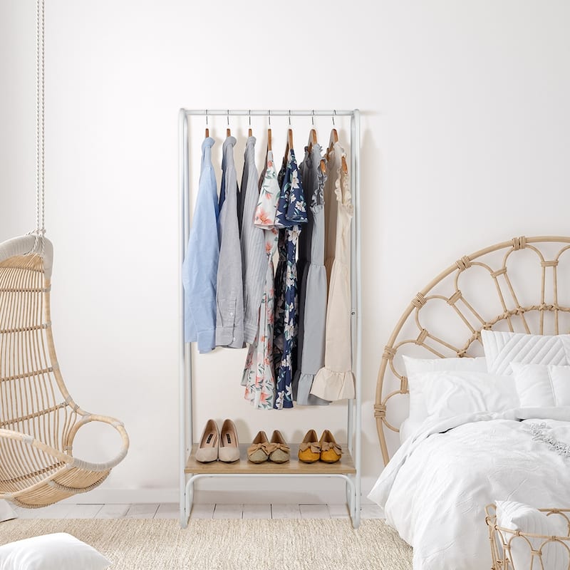 Freestanding Metal Clothing Rack with One Wood Shelf