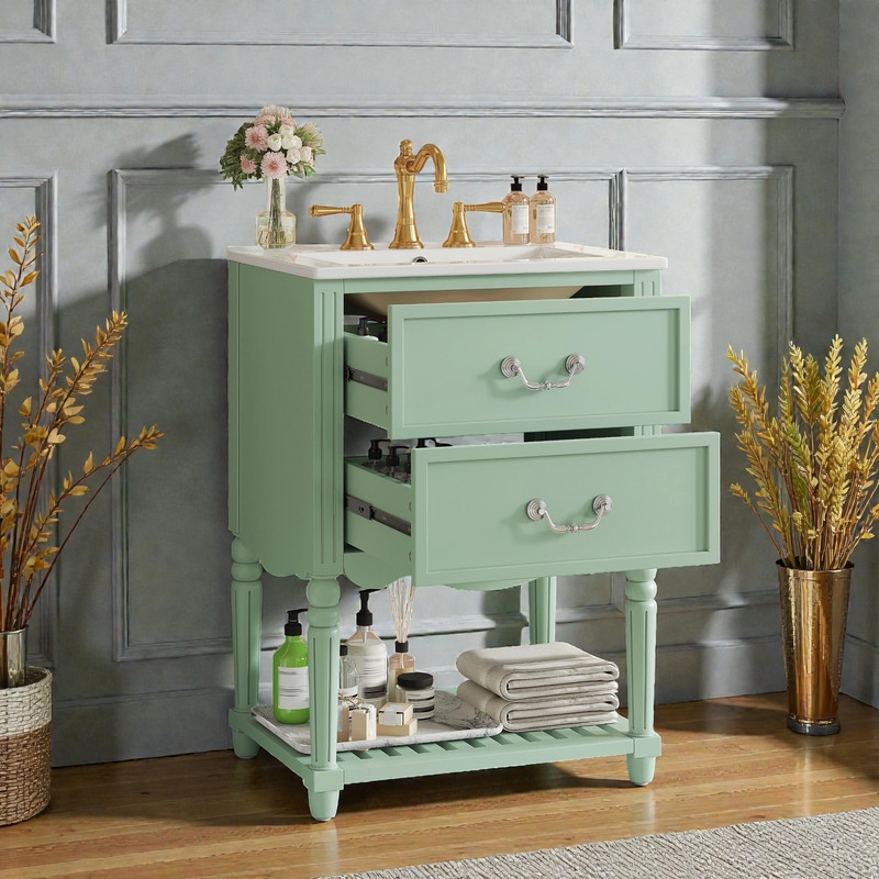 24'' Vintage Bathroom Vanity with Ceramic Sink, Freestanding Cabinet with 2 Drawers, Open Shelf