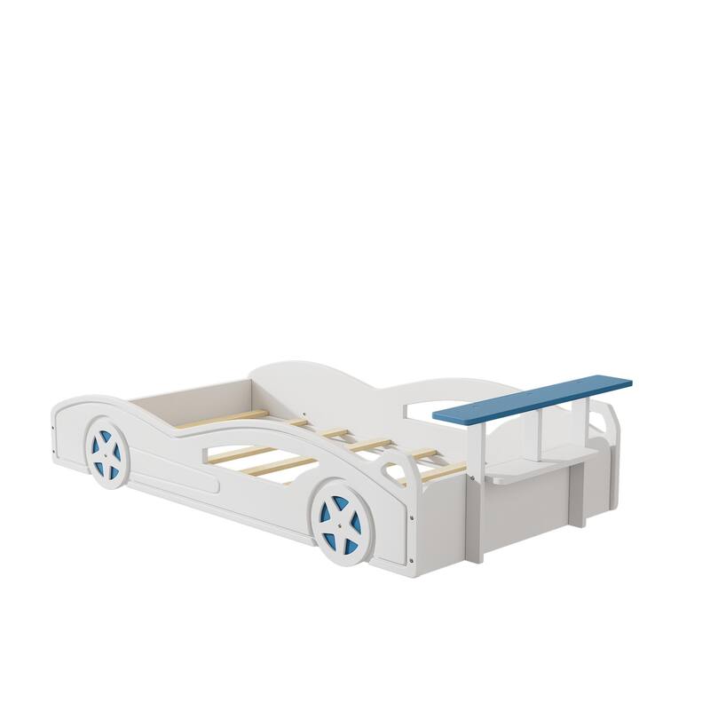 Roomfitters Wooden Race Car Platform Bed, Car-Shaped Twin Bed with Wheels for Teens