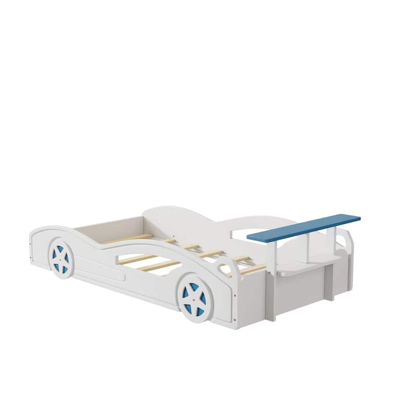 Wooden Race Car Bed,Car-Shaped Platform Twin Bed with Wheels For Teens