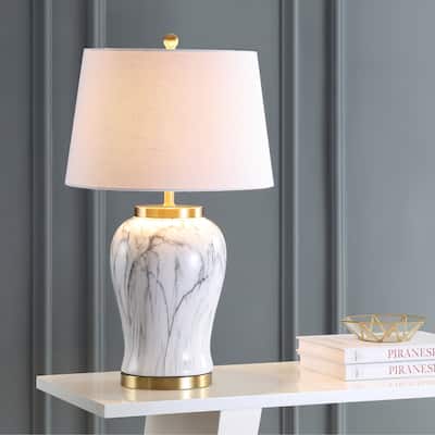 Tucker 28" Ceramic Marble LED Table Lamp, White/Gold by JONATHAN Y