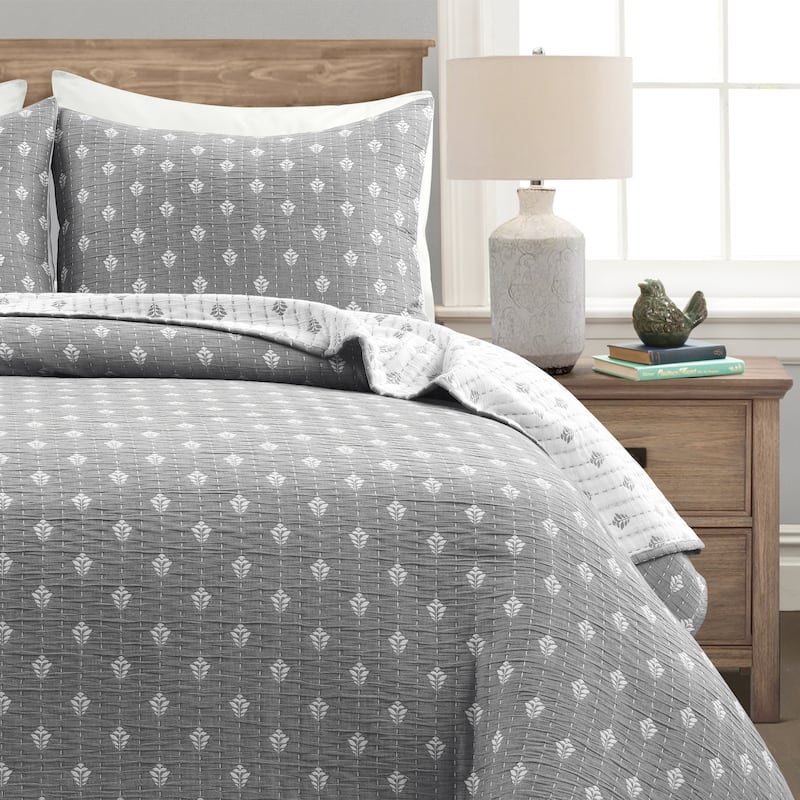 Lush Decor Hygge Kantha Pick Stitch Yarn Dyed Cotton Jacquard 3 Piece Quilt/Coverlet Set