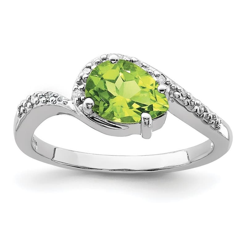 Curata 925 Sterling Silver Polished Open back Rhodium Plated Diamond and Peridot Ring