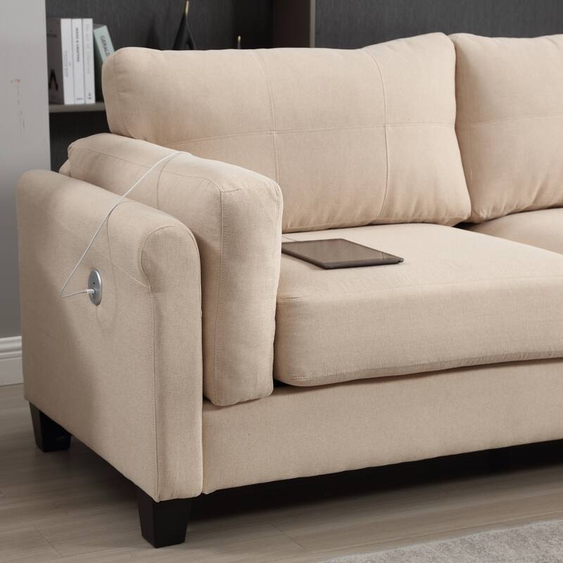 Modern 3-Seat Sofa Couch with USB Charging Ports, Button Tufted Linen Upholstered Sofa for Living Room, Home, or Office