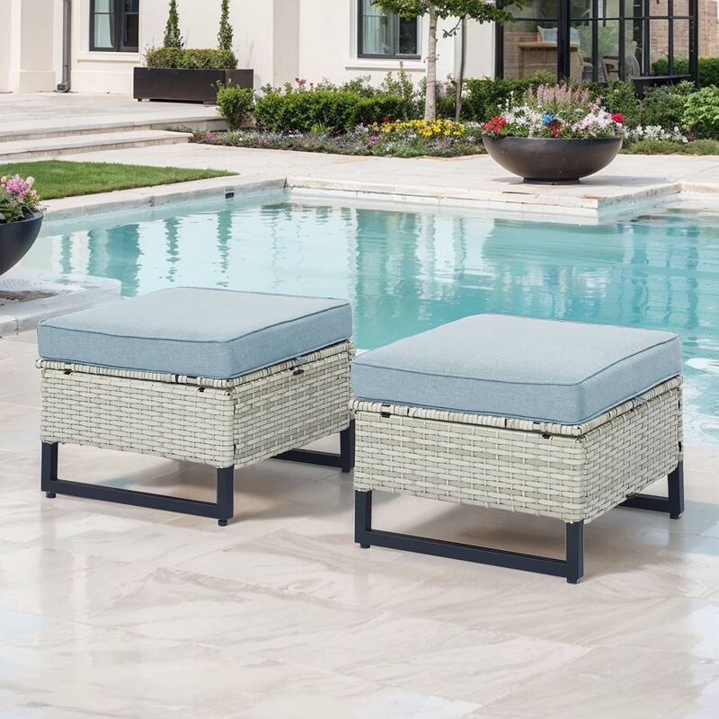 Gymojoy Outdoor Wicker Ottomans with Olefin Cushions - 2-Piece - Light Grey Wicker / Babyblue Cusion