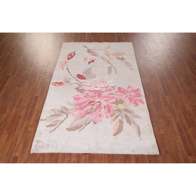 Handmade Abstract Indian Area Rug Oriental Beige Wool & Silk Carpet - 5'5"x 8'5"