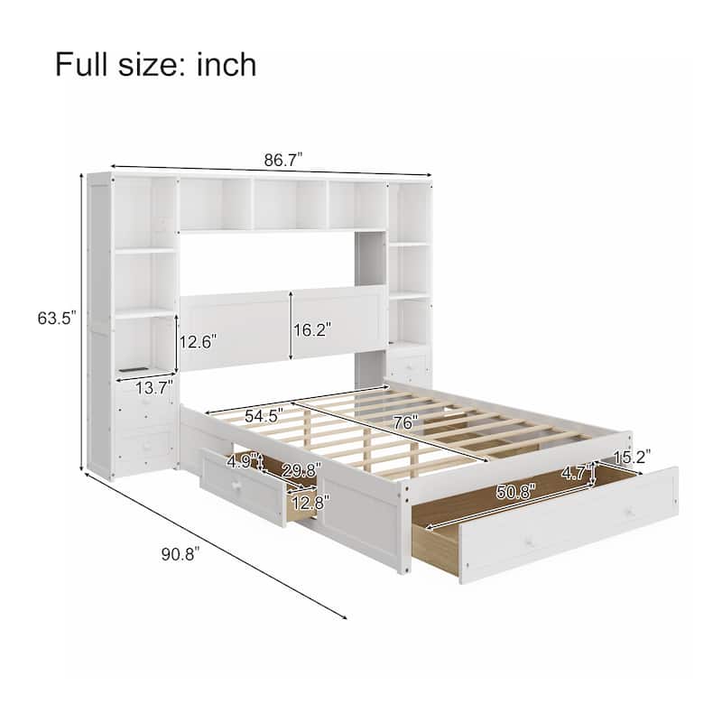 Full/Queen Size Storage Platform Bed with All-in-One Bookcase with 2 Charging Stations, Captain Bed Frame with 7 Drawers