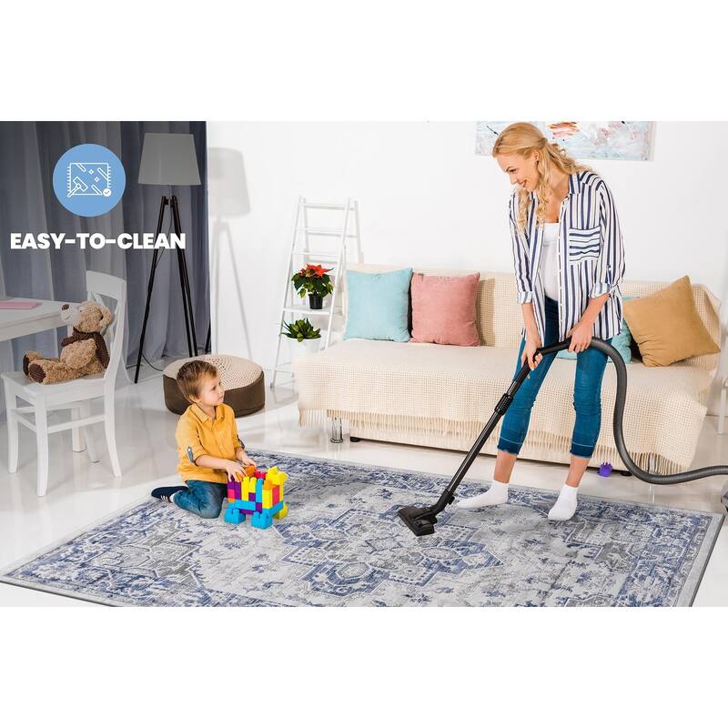 LOOM & LUXE Collection 2X3 Blue/Grey/Oriental Non-Shedding Area Rug - 36" D x 24" W x 0.35" H
