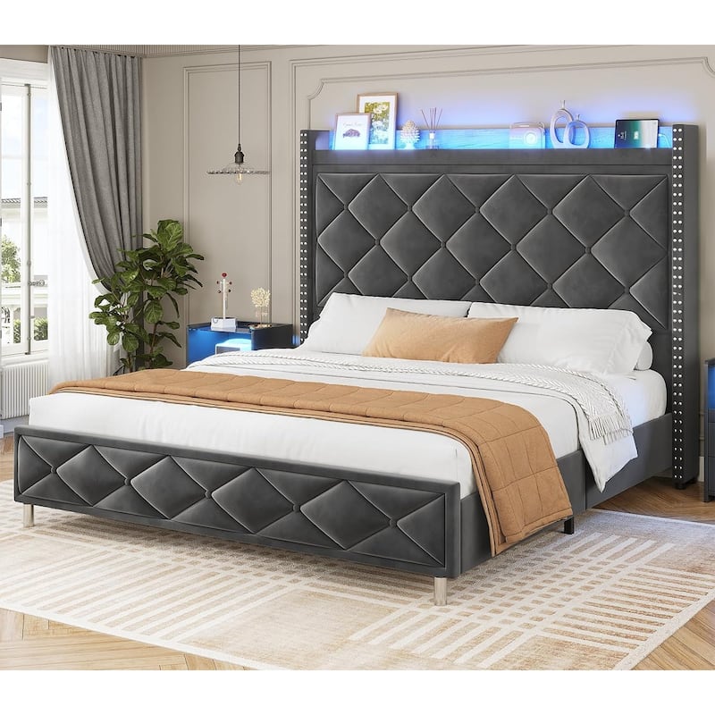 LED Bed Frame with 51.2" Tall Headboard Charging Station - Grey - King
