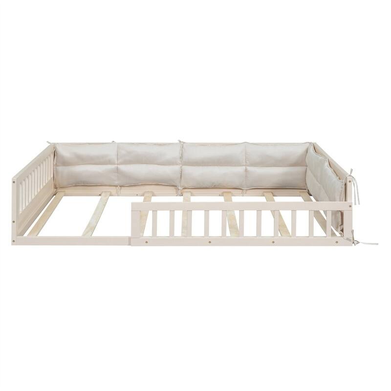 Full Size Montessori Floor Bed with Guardrail & Comfortable Pillow, Upholstered Platform Bed Toddler Bed without Slats for Kids