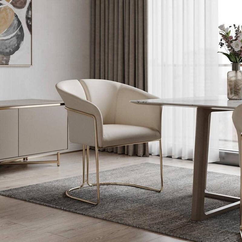 HomeRoots Beige and Gold Faux Leather and Metal Partially Open Back Dining Arm Chair - 25.00 in. x 31.00 in. x 23.00 in. - Single - 25.00 in. x 31.00 in.  x 23.00 in. - Beige