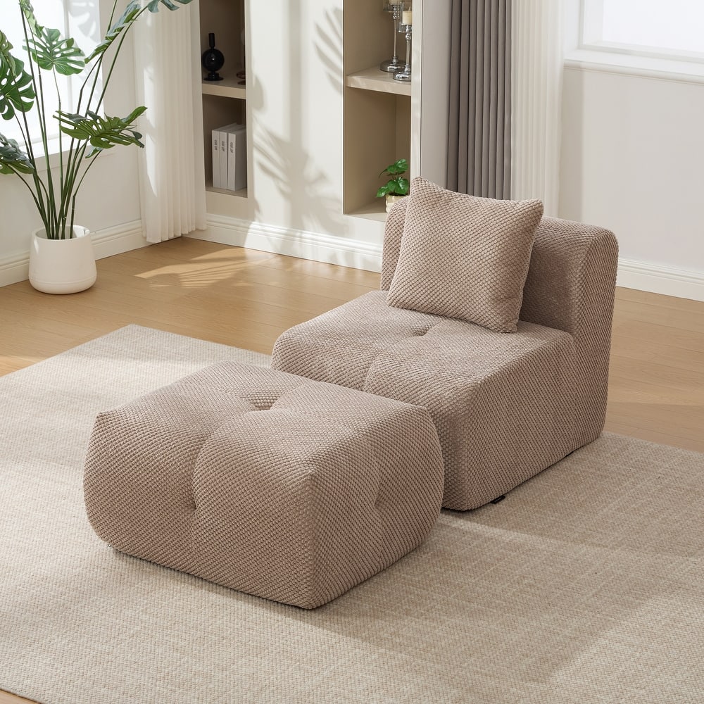 2-Piece Modular Single Sofa Chair Set with Ottoman, Modern Boneless Accent Chair Armless Floor Sofa All-Foam Chaise Lounges