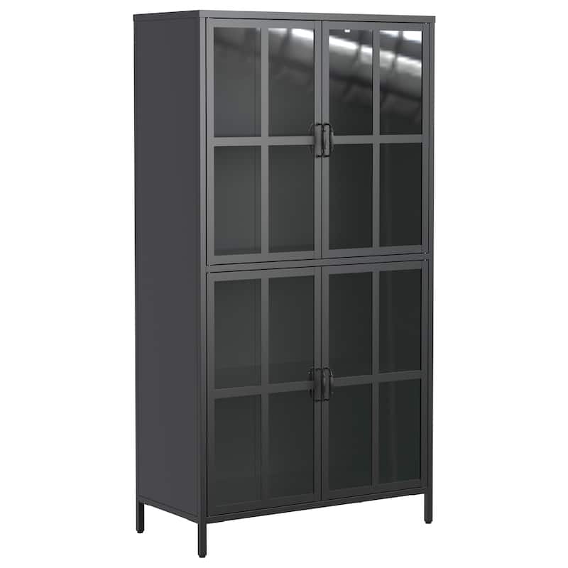 Premium Black Metal Storage Cabinet with Tempered Glass Doors, Adjustable Shelves, Anti-Tipping Device, Magnetic Silent