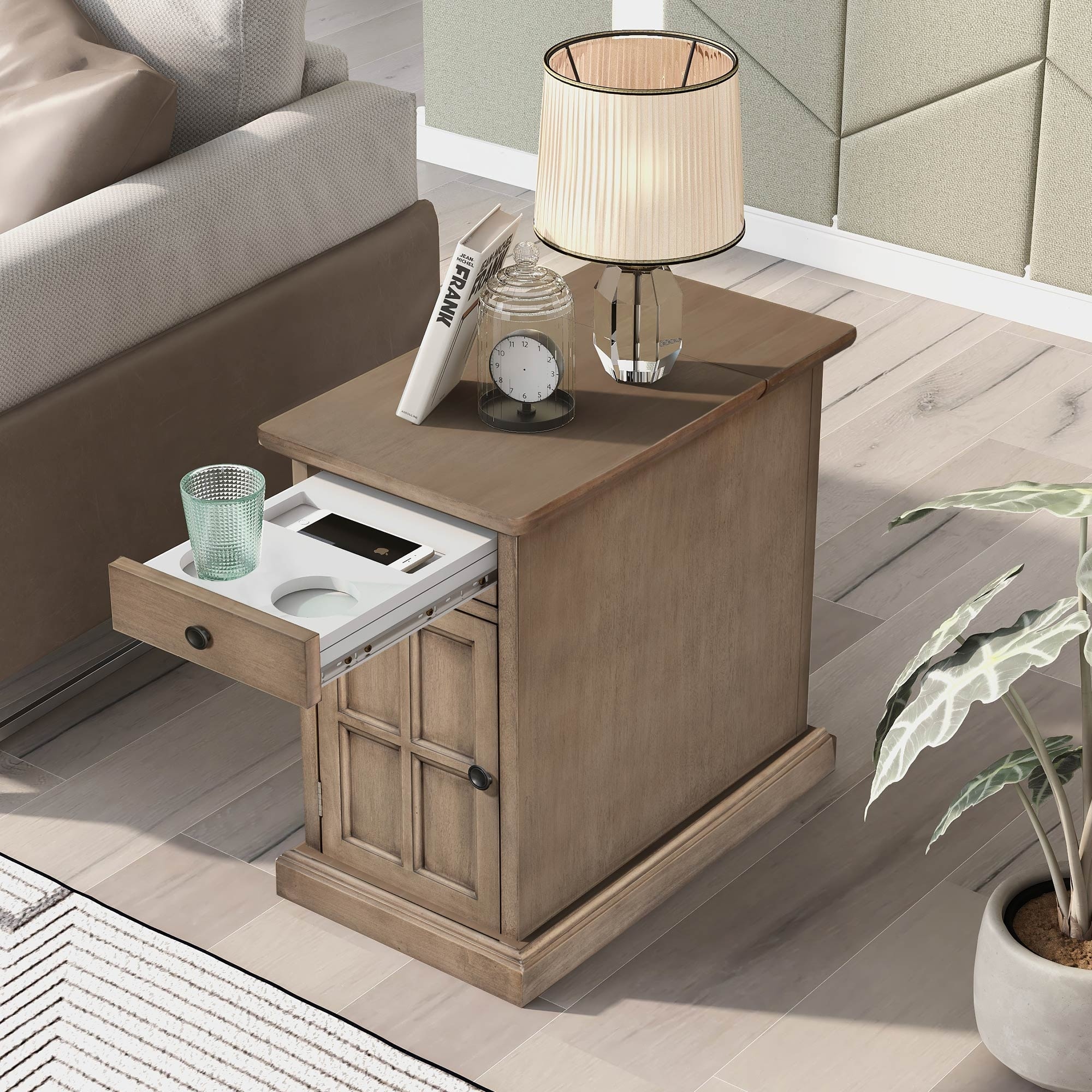 Roomfitters Vintage End Table with USB Ports, Cup Holders and Multifunctional Storage for Living Room