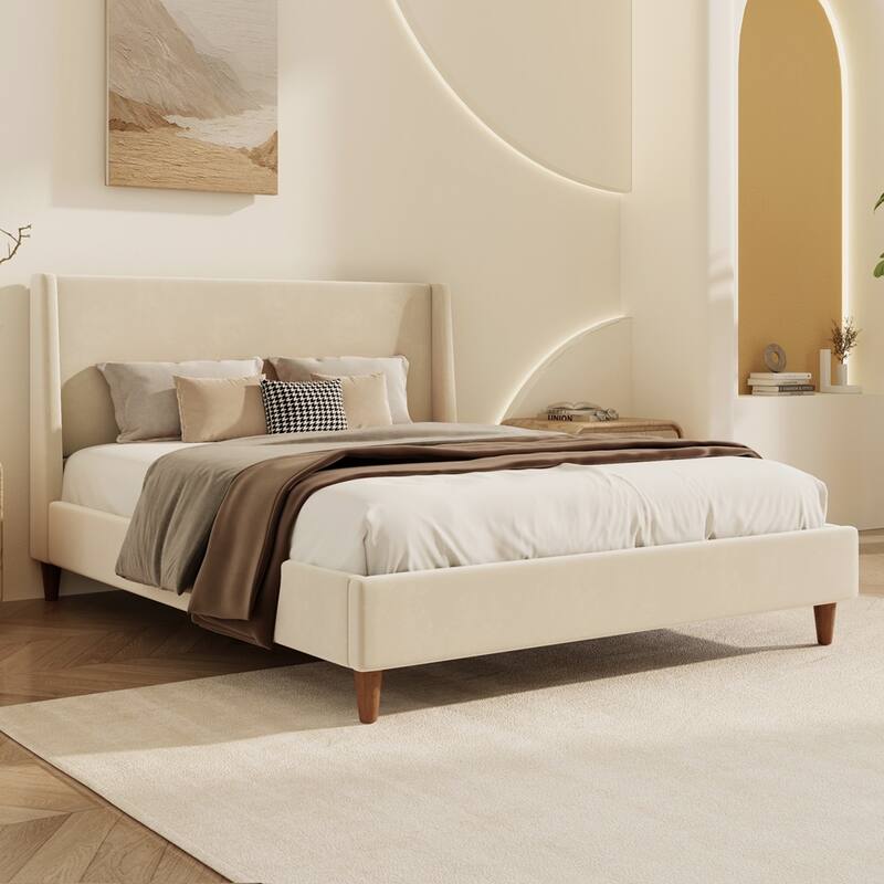 Modern Upholstered Platform Bed with Wingback Headboard