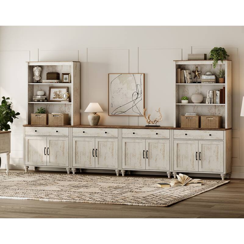 Rustic White Farmhouse TV Stand with Wooden Doors & Drawers