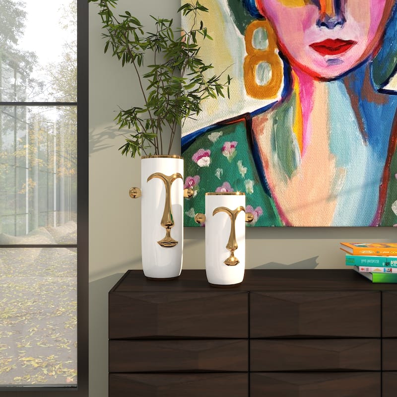 Ceramic Face Decorative Vase with Gold Details - Set of 2 Black or White - Roche River Decor