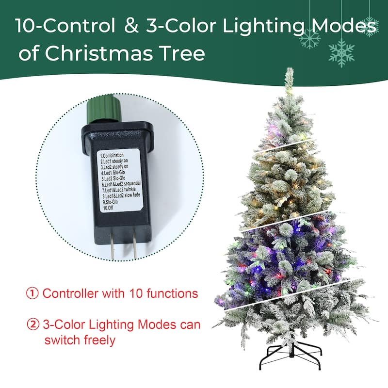 6Ft Full Artificial Snow-Flocked Christmas Tree with Lights, 10-Control & 3-Color Light Modes - 72" H x 41.3" Diameter