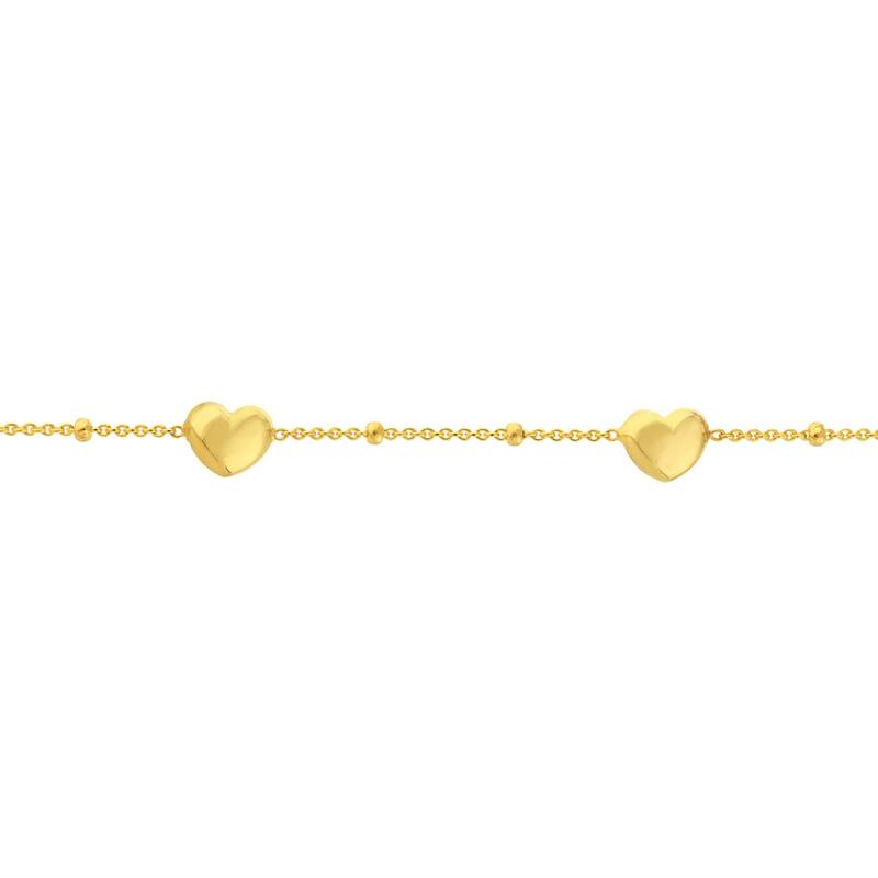 Curata 14k Yellow Gold 7.25" Puffed Heart Station Adjustable Saturn Chain Bracelet