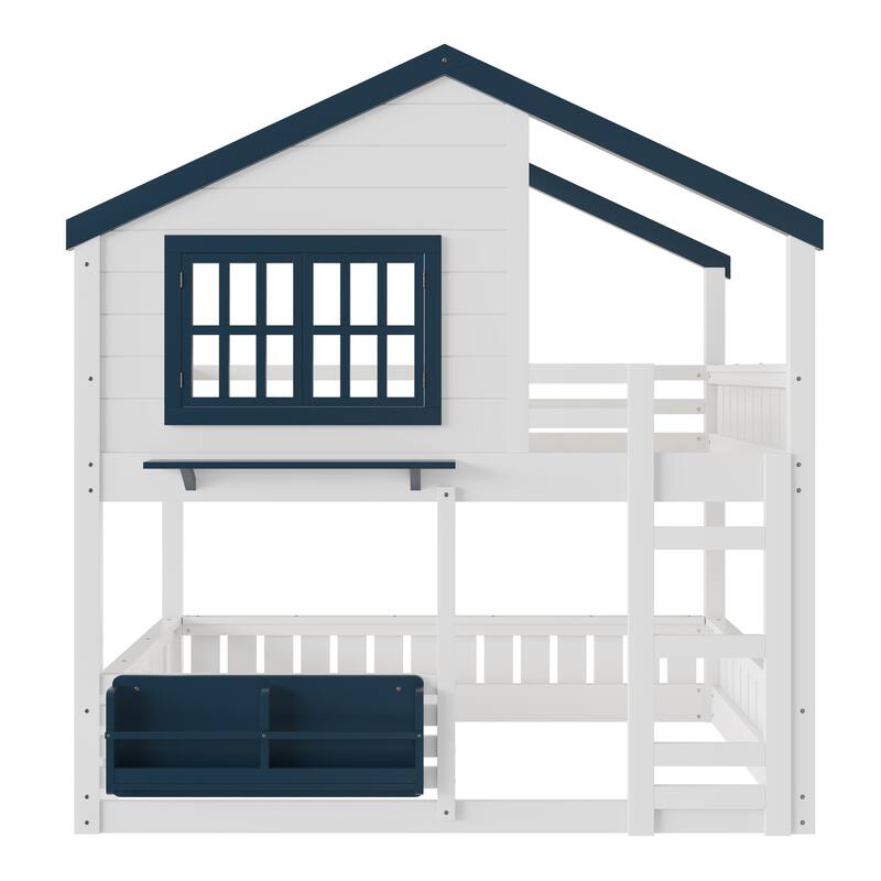 Fairytale House Bunk Bed Wood Loft Bed Frame with Bookshelf and Shelf