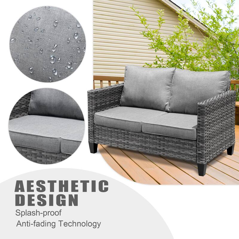 OVIOS 4-piece Loveseat Patio Furniture Outdoor Wicker Set With Glass-Top Table