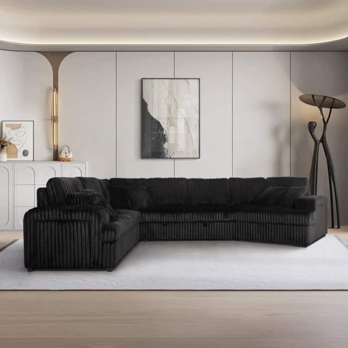 Modern Right Facing Half U-Shaped Pull Out Sectional Sofa with Storage Armrest, USB Port and Pillows