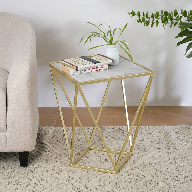 Roomfitters Geometric Metal Side Table with Faux Marble Top and Gold Base, Modern Accent Table, White+Gold - White