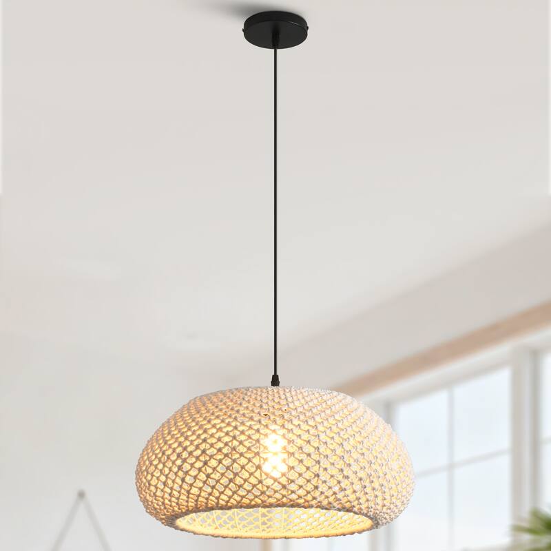 1-Light Rustic Beige Hand-Woven Cotton Hanging Basket Pendant Light - 18.8" W x 55" H