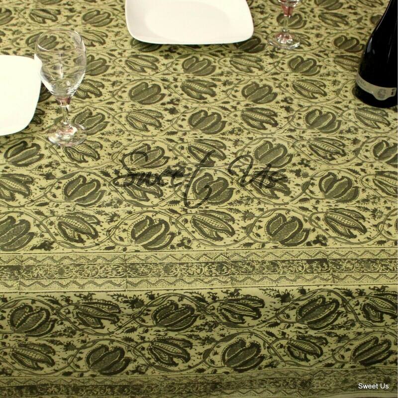 Cotton Vegetable Dye Block Print Rustic Vintage Floral Tablecloth