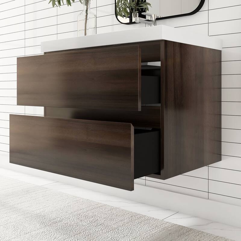 MDF Wall-Mounted Bathroom Vanity Set in Grey Oak with Integrated Culture Marble Sink