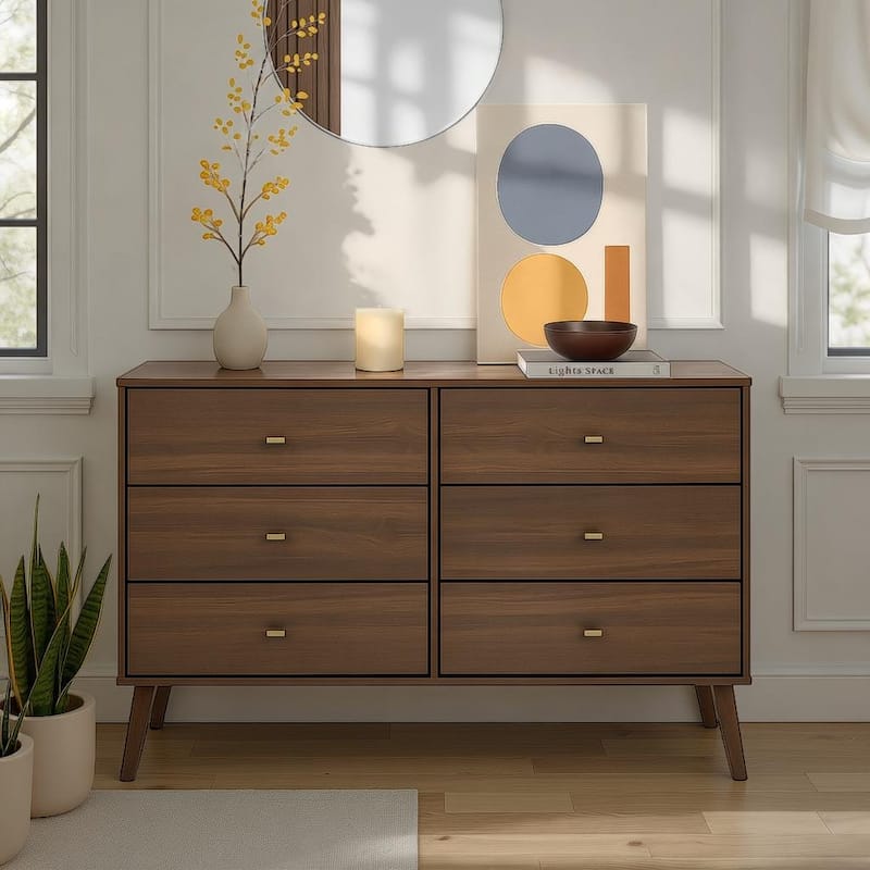 Prepac Milo Mid-Century Modern 6 Drawer Double Dresser for Bedroom, Chest of Drawers, Contemporary Bedroom Furniture