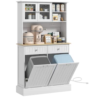 68" Kitchen Pantry Storage Cabinet with Charging Station, 2 Tilt Out Trash Cabinets and Microwave Stand