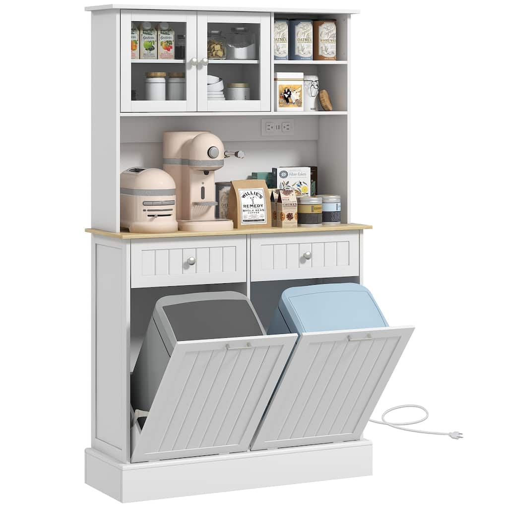 68" Kitchen Pantry Storage Cabinet with Charging Station, 2 Tilt Out Trash Cabinets and Microwave Stand