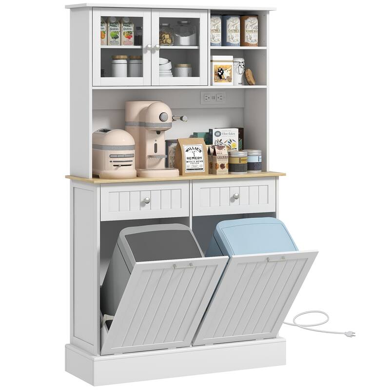 Modern Storage Cabinet with Charging Station, Glass Doors and Adjustable Shelf - White